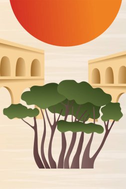 Afrika ve Doğu manzarası, çöl ve soyut şekiller, çöl şehri. Asgari biçimdeki soyut vektör posterleri. 