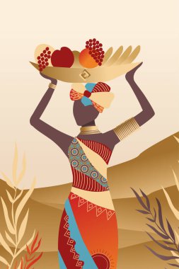 Vektör, poster, geleneksel elbiseli lüks Afrikalı kadın. Çağdaş sanat koleksiyonu. 