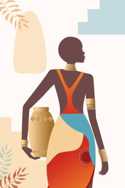 Vektör, poster, geleneksel elbiseli lüks Afrikalı kadın. Çağdaş sanat koleksiyonu. 