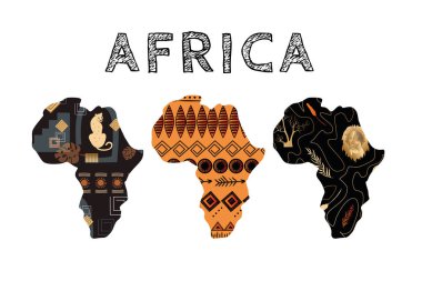Örnekleri ve vektör illüstrasyonu olan Afrika kıtası. Tasarım için elementler, vektör çizimi, Afrika kültürü konsepti. , logo