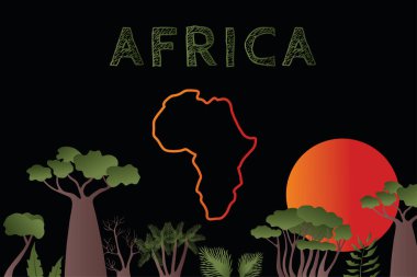 Vektör çizimi, Afrika konsepti, gece ormanı, yükselen güneş ve Afrika yazıtları. Poster, tasarım