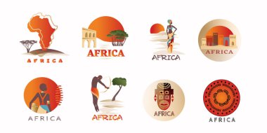 Elementler ve simgeler, Afrika logoları. Renkli vektör çizimleri, tasarım simgeleri. Afrika kıtası, insanlar, maskeler ve süsler geleneksel stilde