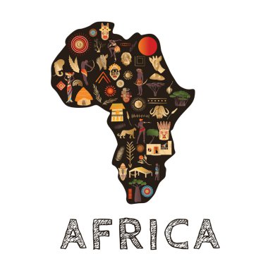 Örnekleri ve vektör illüstrasyonu olan Afrika kıtası. Tasarım için elementler, vektör illüstrasyonu, Afrika kültürü konsepti, logo