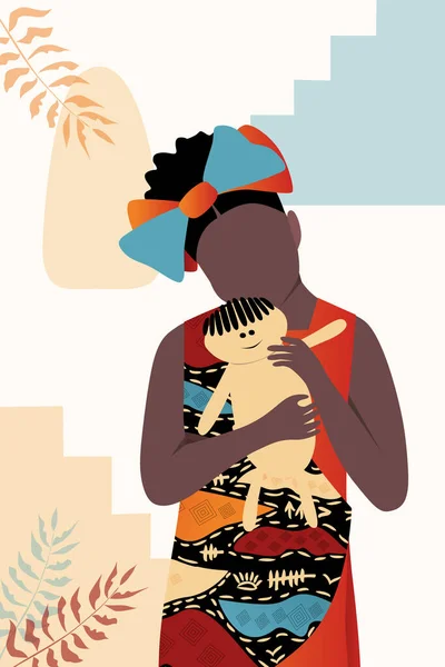 Vector Póster Niña Africana Con Una Muñeca Vestido Tradicional Colección — Vector de stock