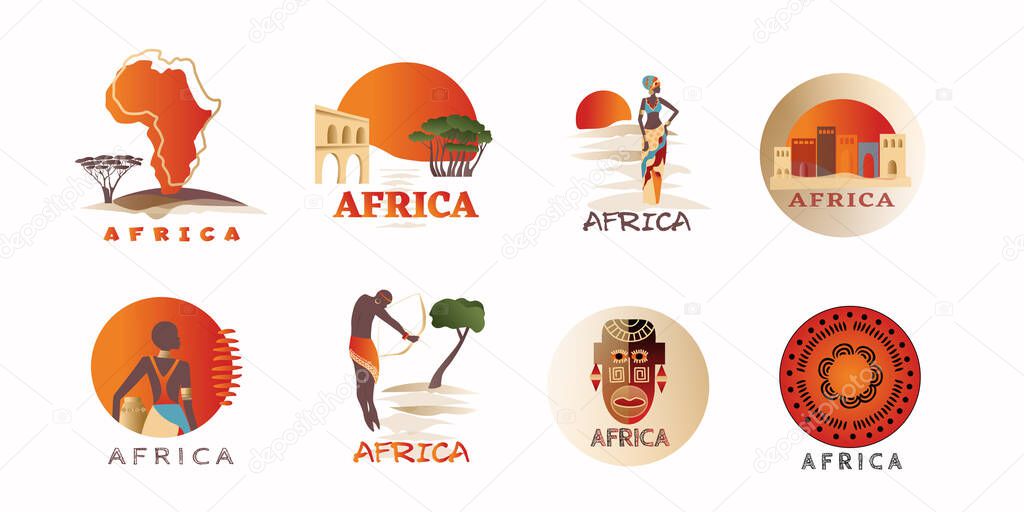 Elements and icons, logos Africa set. Colorful vector illustrations, icons for design. Continent of Africa, people, masks and ornaments in traditional style
