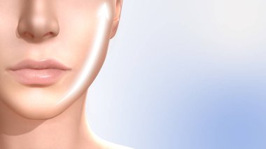 Yüz gerdirme ürünü reklam şablonu. Parlayan bir okla üç boyutlu kadın yüzü modeli. 3 Boyutlu resimlendirmeler