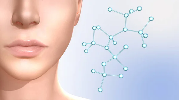 Cilt ürünleri reklam şablonu. Kadın yüzünün ve kolajen molekülünün 3 boyutlu modeli. 3 Boyutlu resimlendirmeler
