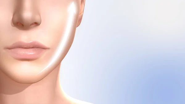 Yüz gerdirme ürünü reklam şablonu. Parlayan bir okla üç boyutlu kadın yüzü modeli. 3 Boyutlu resimlendirmeler