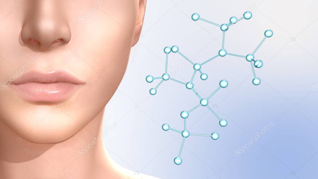Skincare products ads template. 3D model of the female face and collagen molecule. 3D rendered illustrations