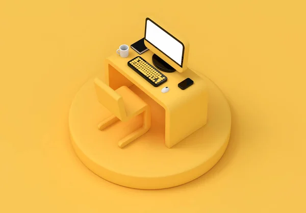 창의적 장난감 연구와 사업에 노란색 디자인 컨셉은 등거리적 컴퓨터 화면에 — 스톡 사진