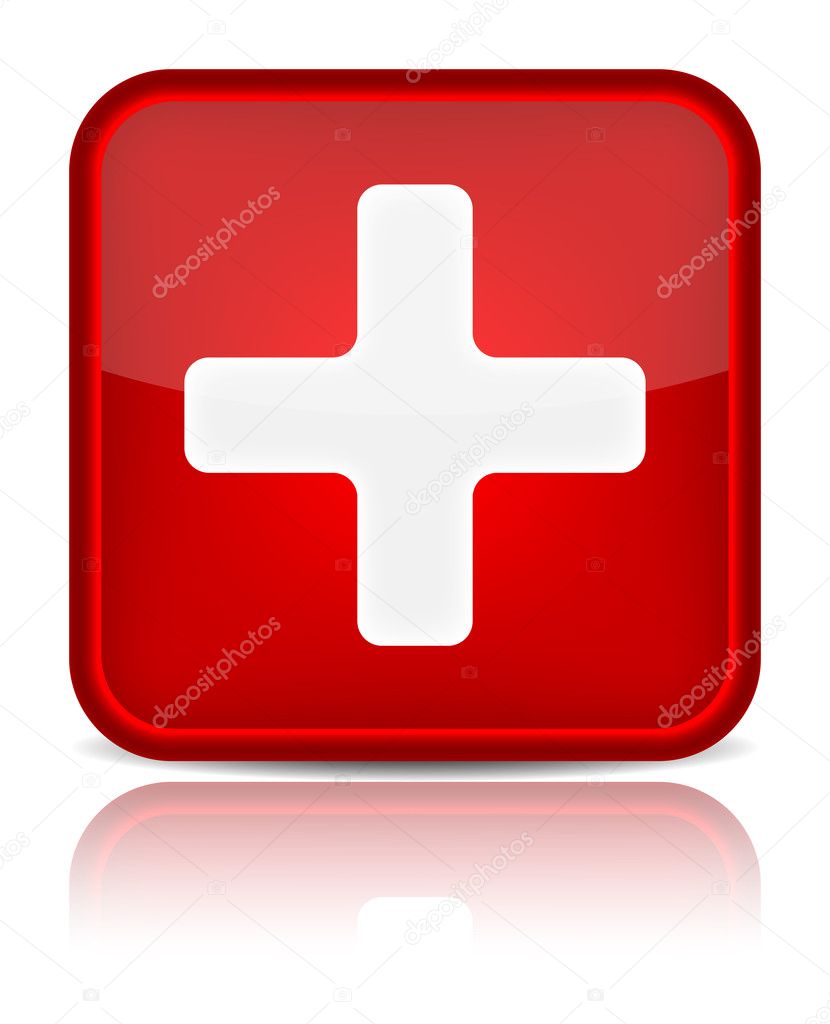 First aid medical button sign with reflection isolated on white