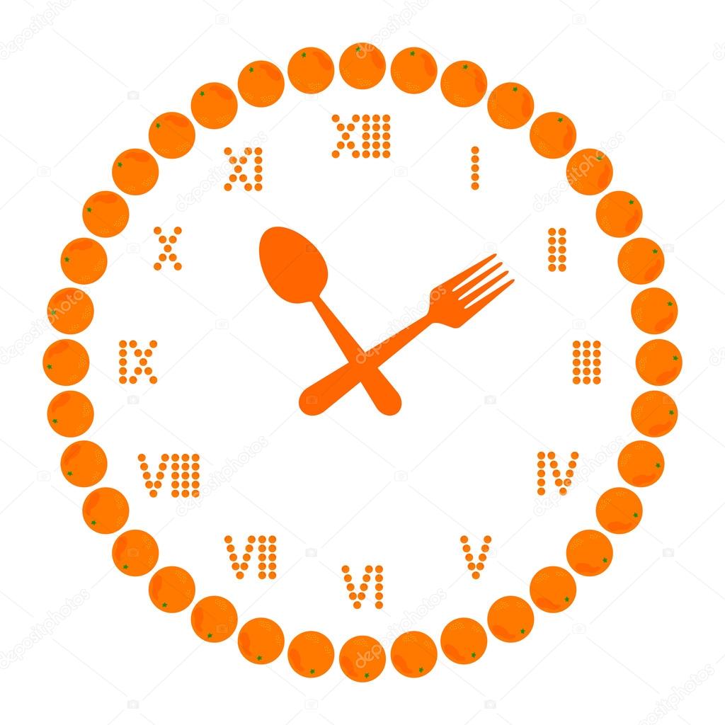 Diet time (orange fruit in clock symbol isolated on white).