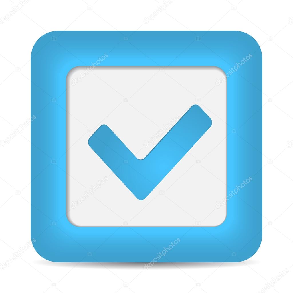 Blue glossy web button with check mark sign.