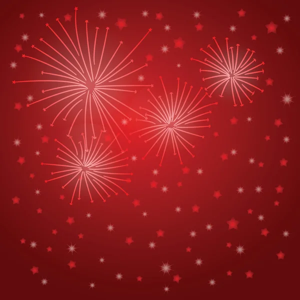 Glowing starry fireworks on red background. — Stock Vector