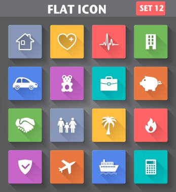 uzun gölgeler ile düz tarzında sigorta Icons set.