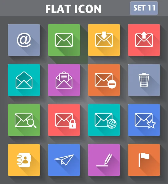 Sobre, E-mail Los iconos fijados en estilo plano con las sombras largas . — Vector de stock