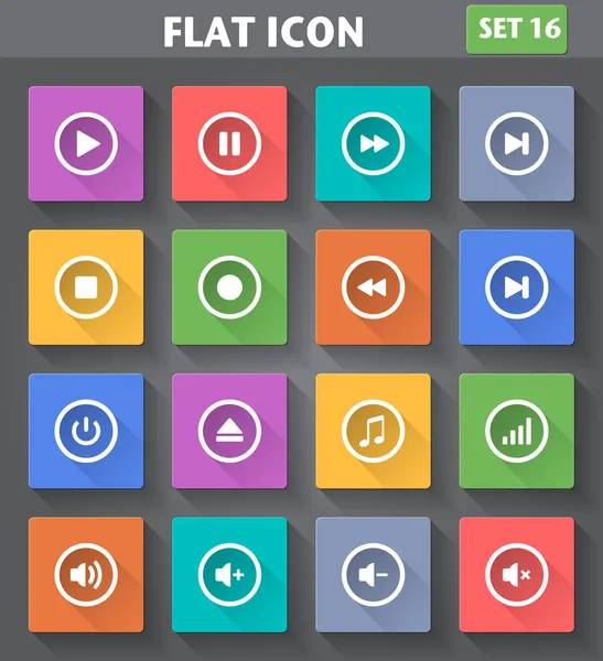 Iconos de Media Player ambientados en estilo plano con largas sombras . — Archivo Imágenes Vectoriales
