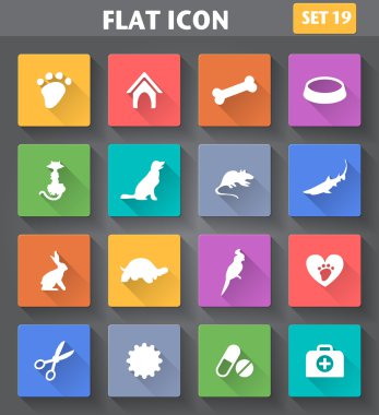 uzun gölgeler ile düz tarzında veteriner pet Icons set.