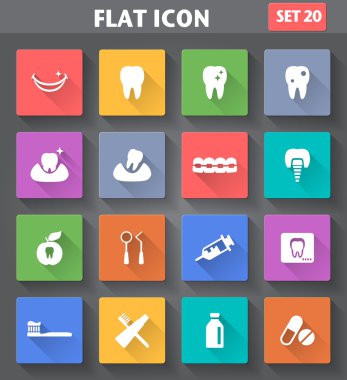 uzun gölgeler ile düz tarzında diş Icons set.
