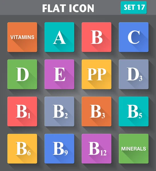 Vitaminok ikonok beállítása a lapos stílusú hosszú árnyékok. — Stock Vector