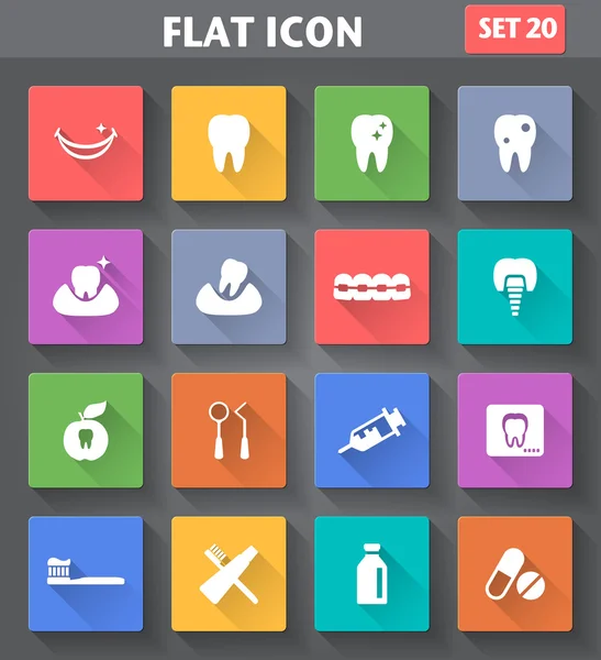uzun gölgeler ile düz tarzında diş Icons set.