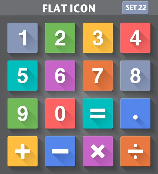 Números e iconos matemáticos establecidos en estilo plano con shado largo — Vector de stock