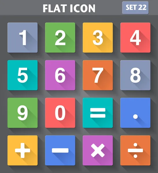 Números e iconos matemáticos establecidos en estilo plano con shado largo — Archivo Imágenes Vectoriales