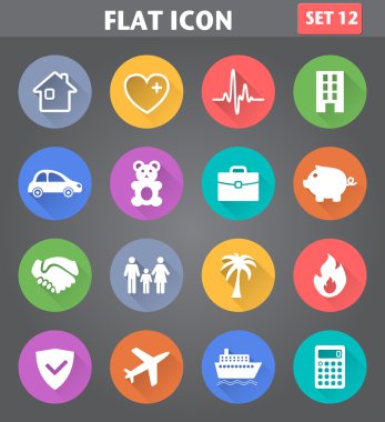 uzun gölgeler ile düz tarzında sigorta Icons set.