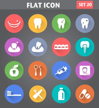 uzun gölgeler ile düz tarzında diş Icons set.