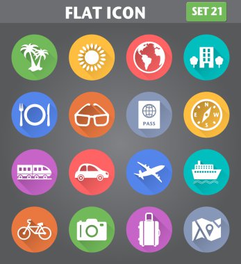 düz tarzı uzun gölgeler ile seyahat ve tatil Icons set.