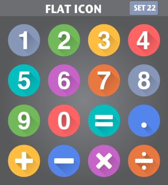 Numbers and Mathematical Icons set in flat style with long shado