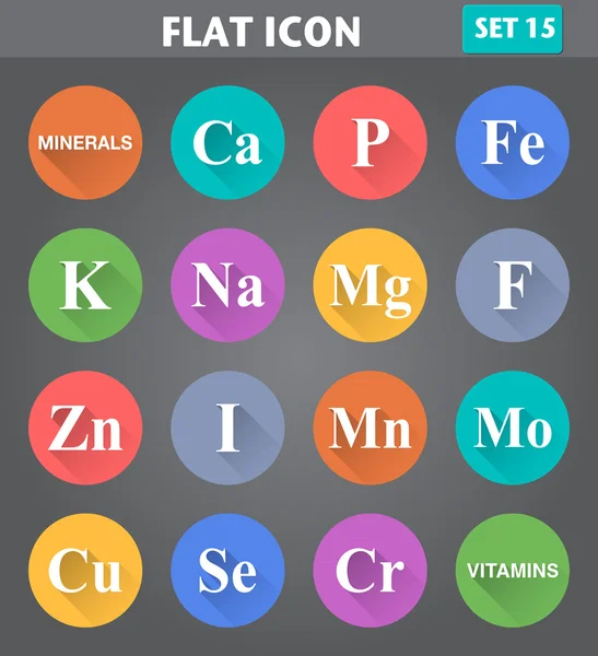 Mineralien (Vitamine) Symbole im flachen Stil mit langen Schatten. — Stockvektor