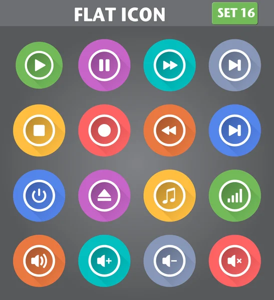 Media Player Icons set in flat style with long shadows. — Stock Vector