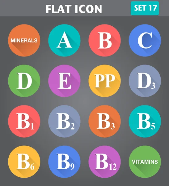 Vitamins Icons set in flat style with long shadows. — Stock Vector