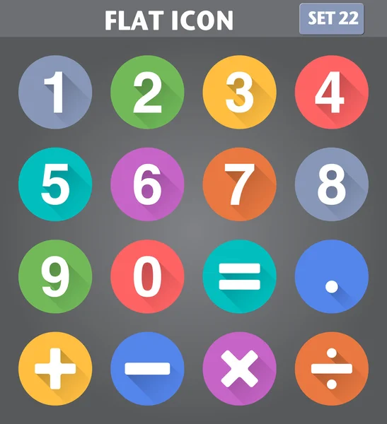 Números e iconos matemáticos establecidos en estilo plano con shado largo — Vector de stock