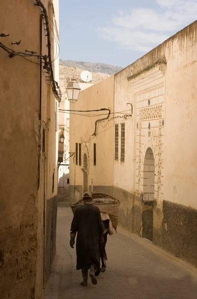 Mannen och en åsna på en gata i fes, Marocko, Afrika Stockfoto