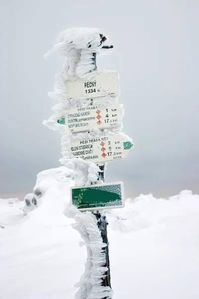 徒步旅行中雪覆盖的白霜方向路标 — 图库照片