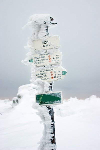 Hiking Direction Signpost in Snow Covered by Hoarfrost
