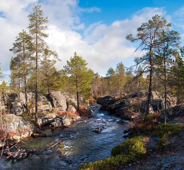 Kleurrijke herfst rivier in rotsachtige bos — Stockfoto