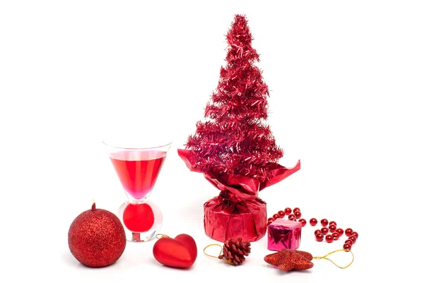 Red Christmas decorations and Christmas tree — Stock Photo, Image