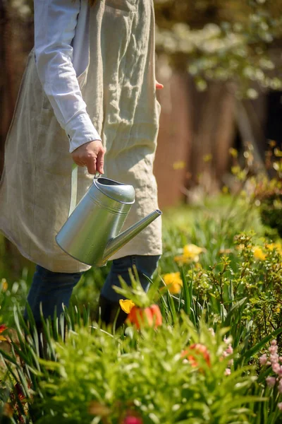 Una Giovane Donna Grembiule Lino Nel Cortile Irrigazione Fiori Annaffiatoio — Foto Stock