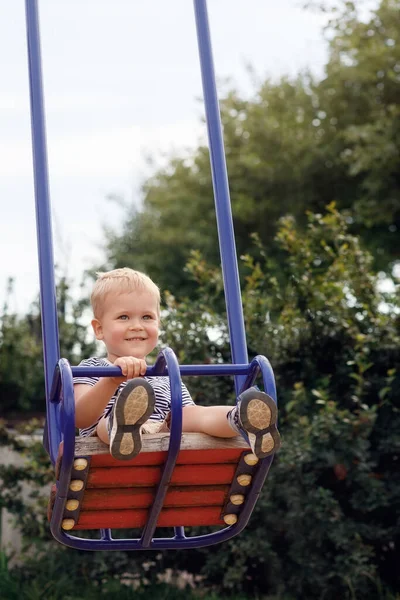 Happy Smiling Child Swinging Swings Park Summer — Stock Photo, Image