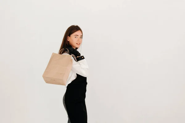 Young Waitress Uniform Holding Paper Bag Takeaway Food Ready Hand — Stockfoto