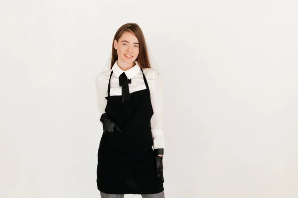 Preventing Virus Concept Cure Waitress Apron Medical Gloves Promoting Small — Fotografia de Stock