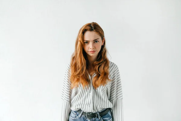 Young Pretty Emotive Redhead Posing Studio White Wall — Stock Photo, Image