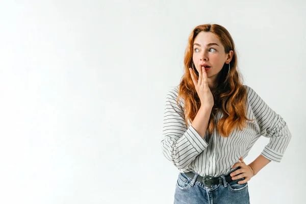 Young Pretty Emotive Redhead Posing Studio White Wall — Stock Photo, Image