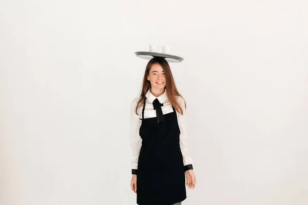 Smiling Woman Barista White Shirt Apron Holding Tray Takeaway Coffee — Fotografia de Stock