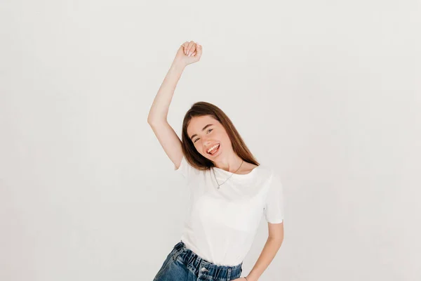 Studio Portrait Dancing Attractive Woman White Shirt Jeans Isolated White — Stock Photo, Image