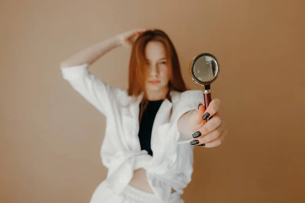 Girl White Shirt Looking Camera Magnifying Glass — Stock Photo, Image