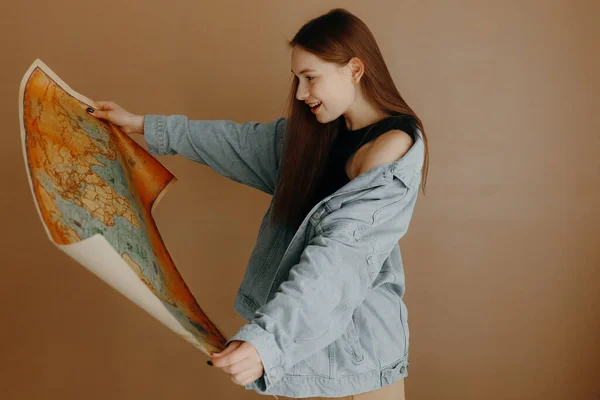 Exploring World Concept Beautiful Girl Blue Shirt Holding Looking Vintage — стоковое фото